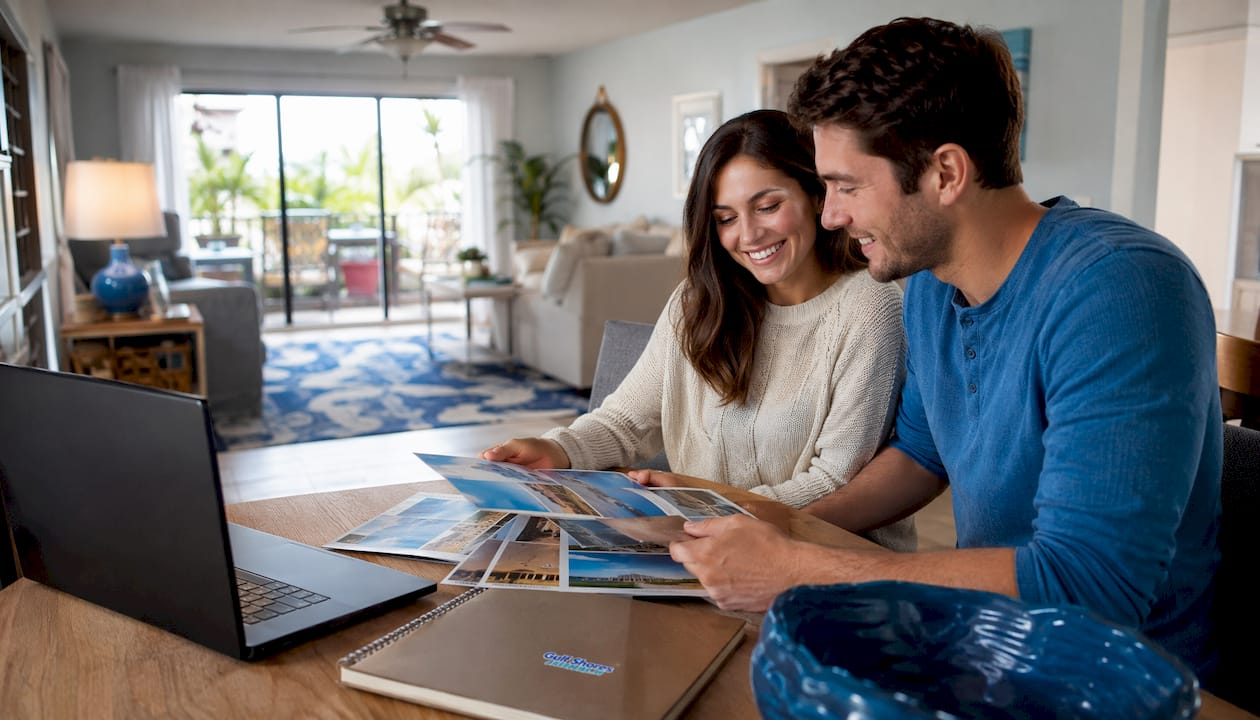 Ground floor Buena Vista 105 condo interior with couple reviewing brochure