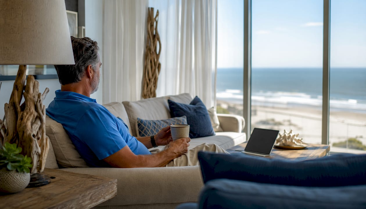 Interior of Buena Vista 505 with Gulf view and relaxed occupant