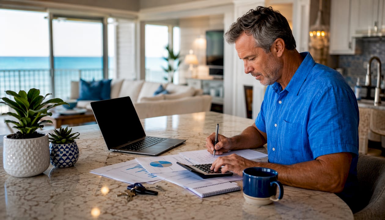 Hands working on condo financing paperwork at home desk