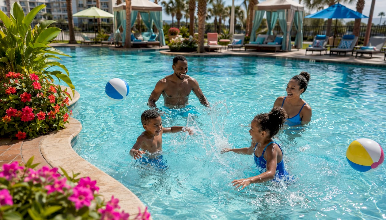 Family relaxing at resort pool outdoors
