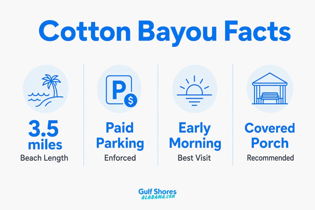 Infographic with Cotton Bayou beach key facts and tips