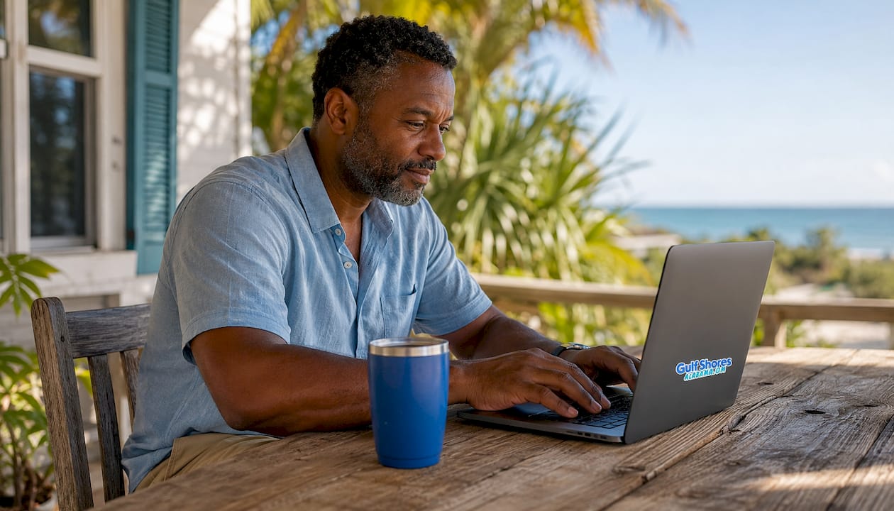 Man creating vacation rental listing at desk