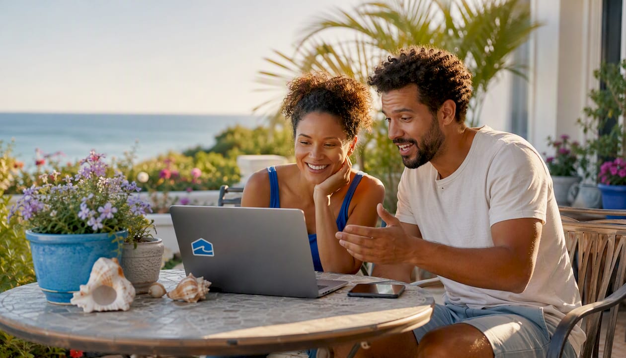 Couple planning vacation rental booking on laptop
