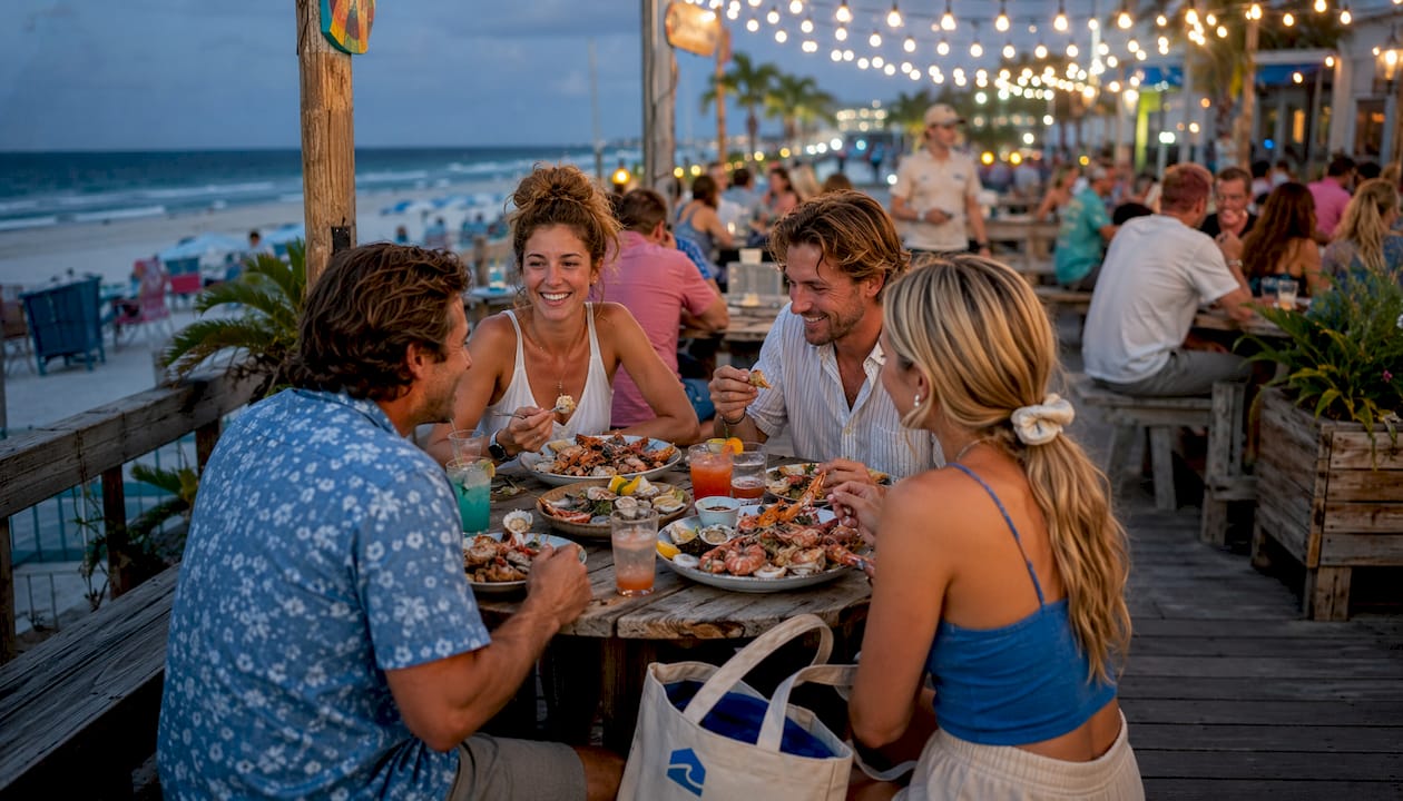 Couple dining at waterfront seafood restaurant boardwalk