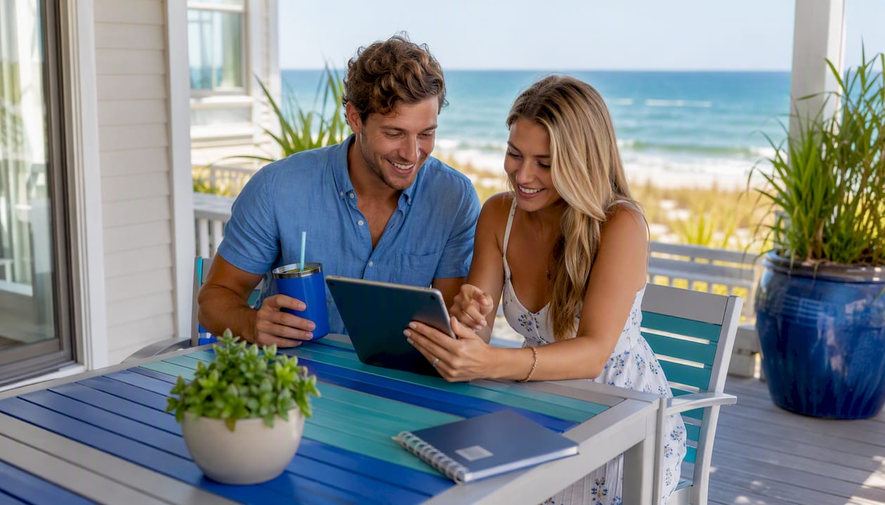 Couple booking Destin rental in living room