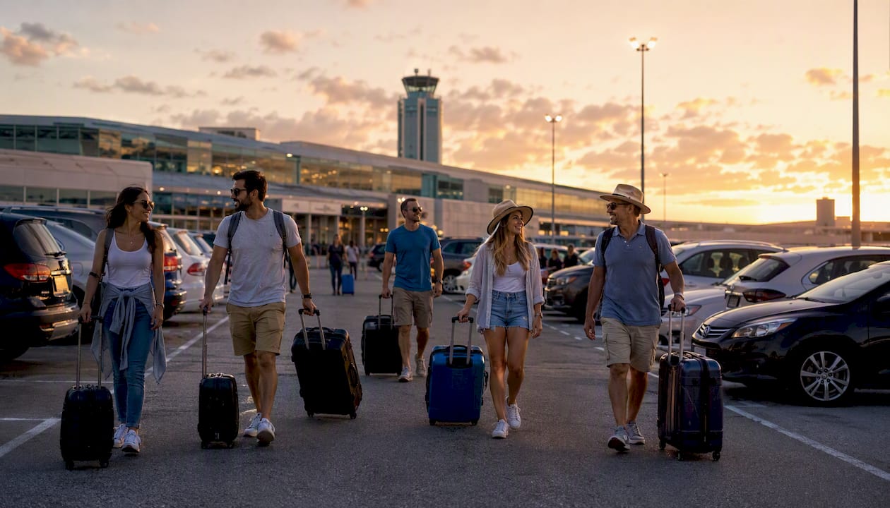 Travelers at airport car rental parking area