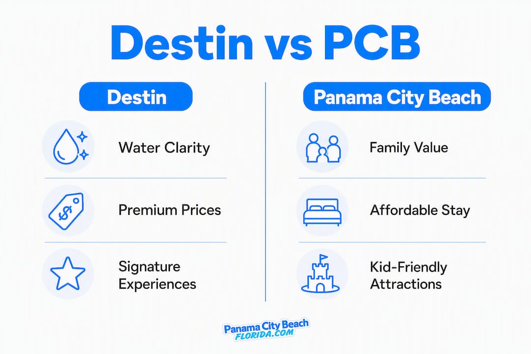 Infographic comparing Destin and Panama City Beach highlights