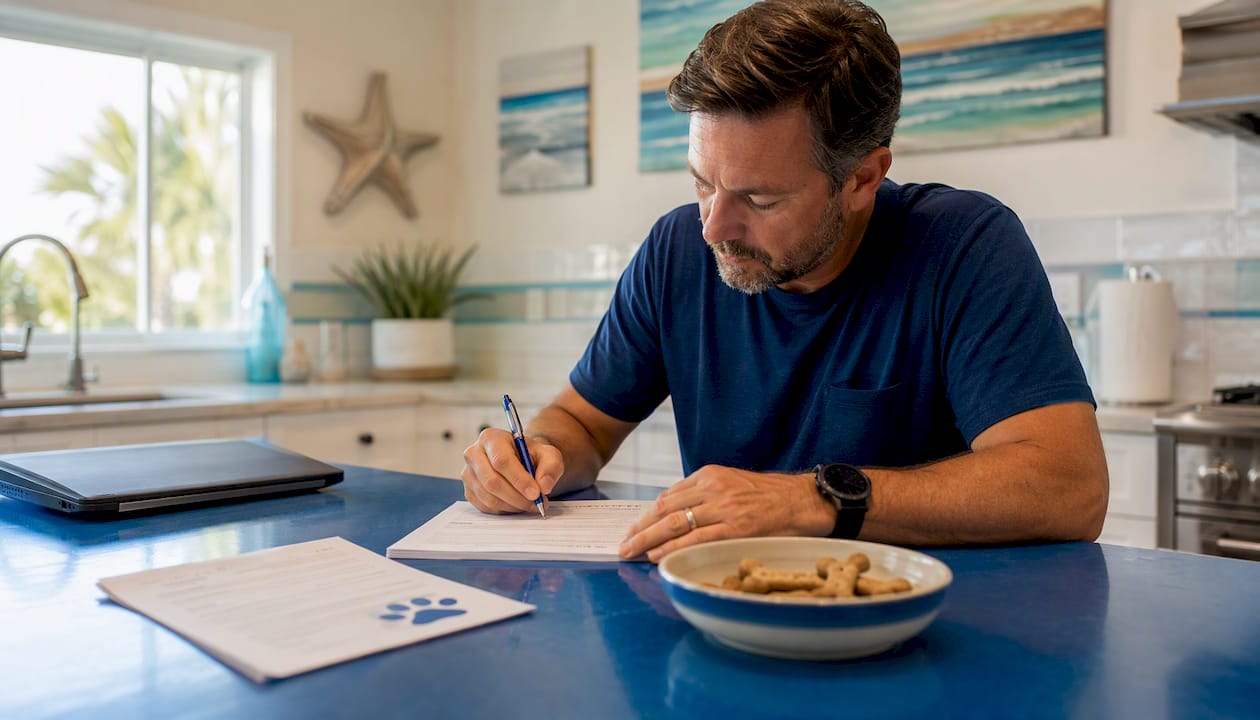 Man filling booking paperwork in home office