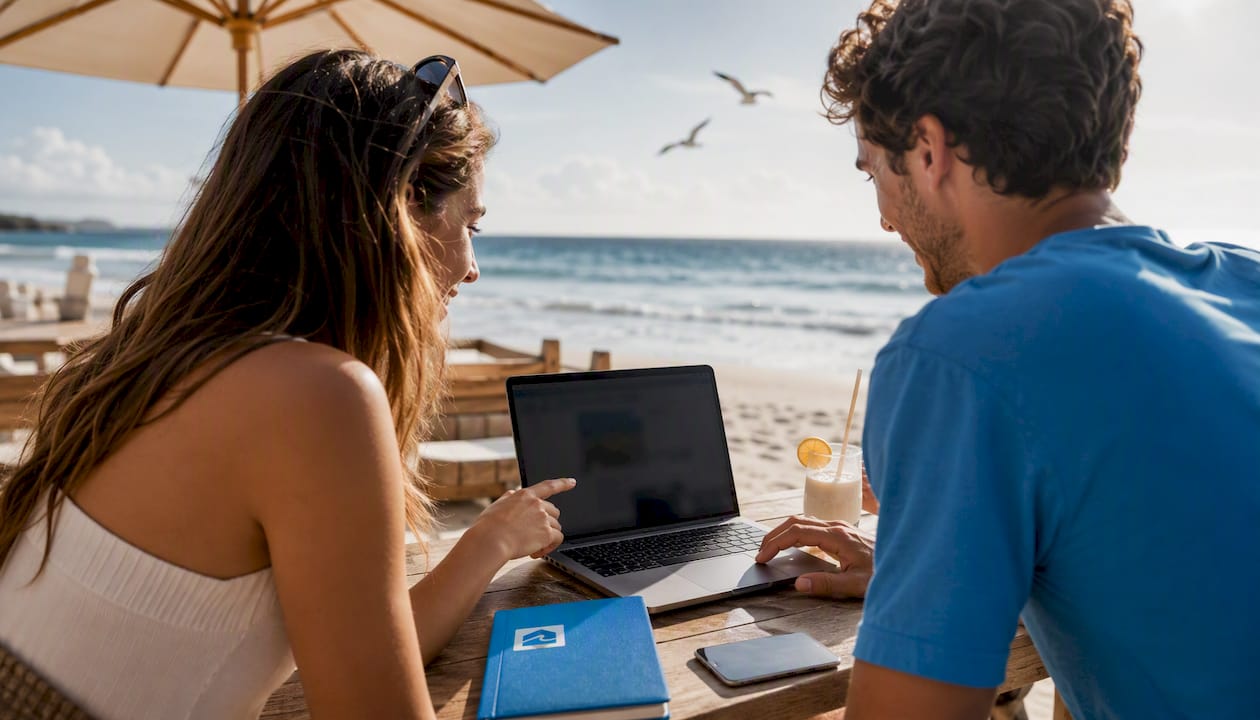 Couple booking vacation rental online at beach caf&eacute;