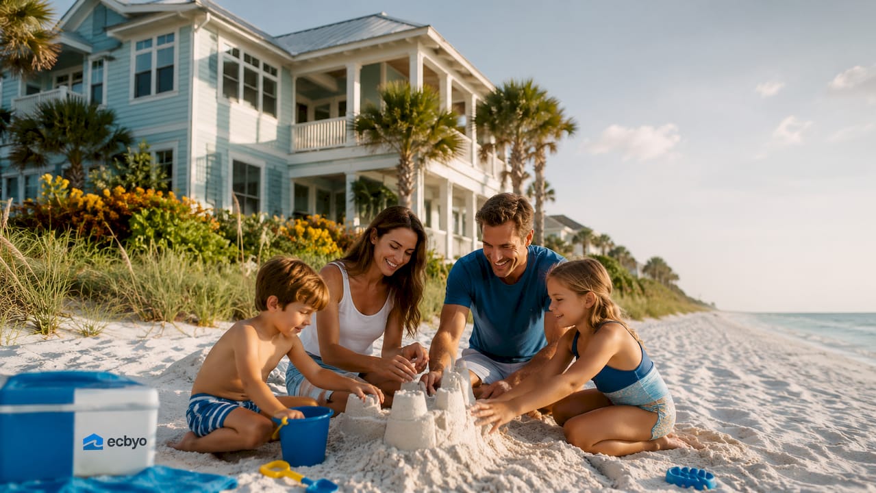 Beachfront vacation rental with family walking on sand
