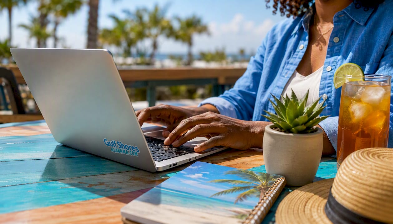 Hands typing on laptop searching rentals at home