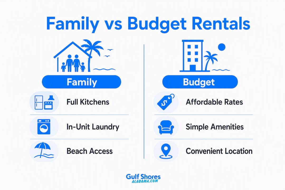 Infographic comparing family and budget Gulf Shores rentals