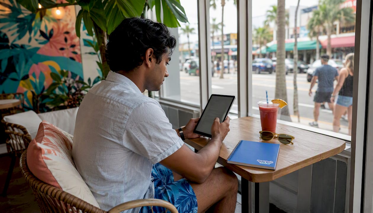 Young man browsing condo rentals in coworking space laptop