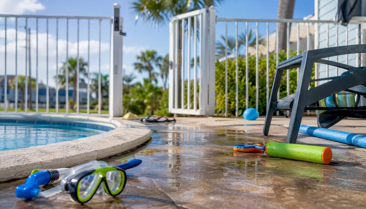 Pool deck with slip and fall hazards