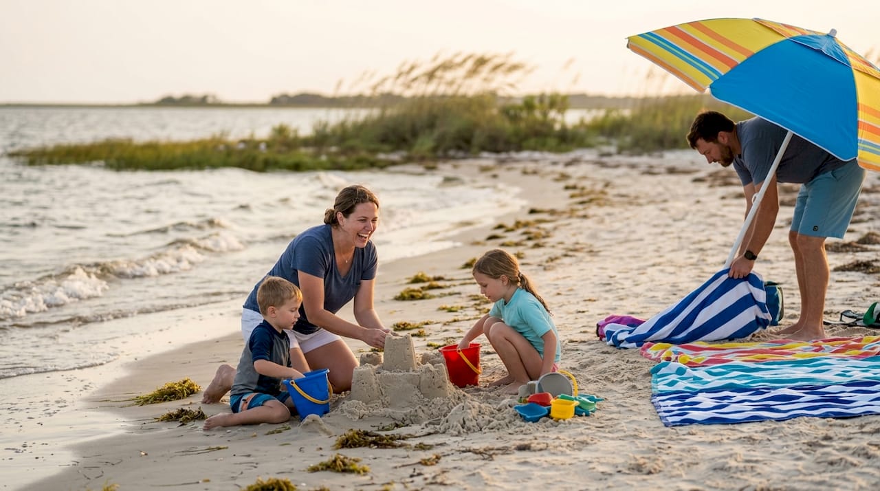 Family relaxing on quiet Fort Morgan beach