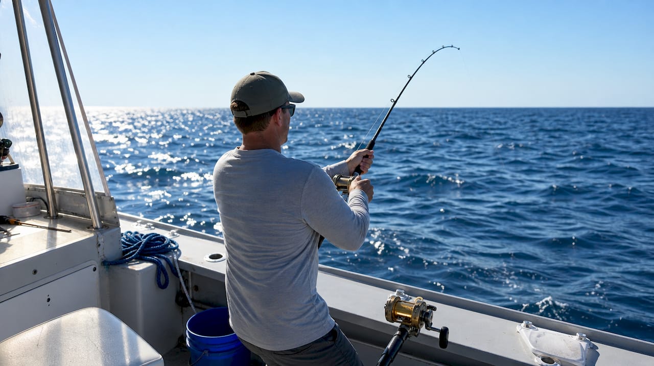 Angler fishing from boat near Fort Morgan