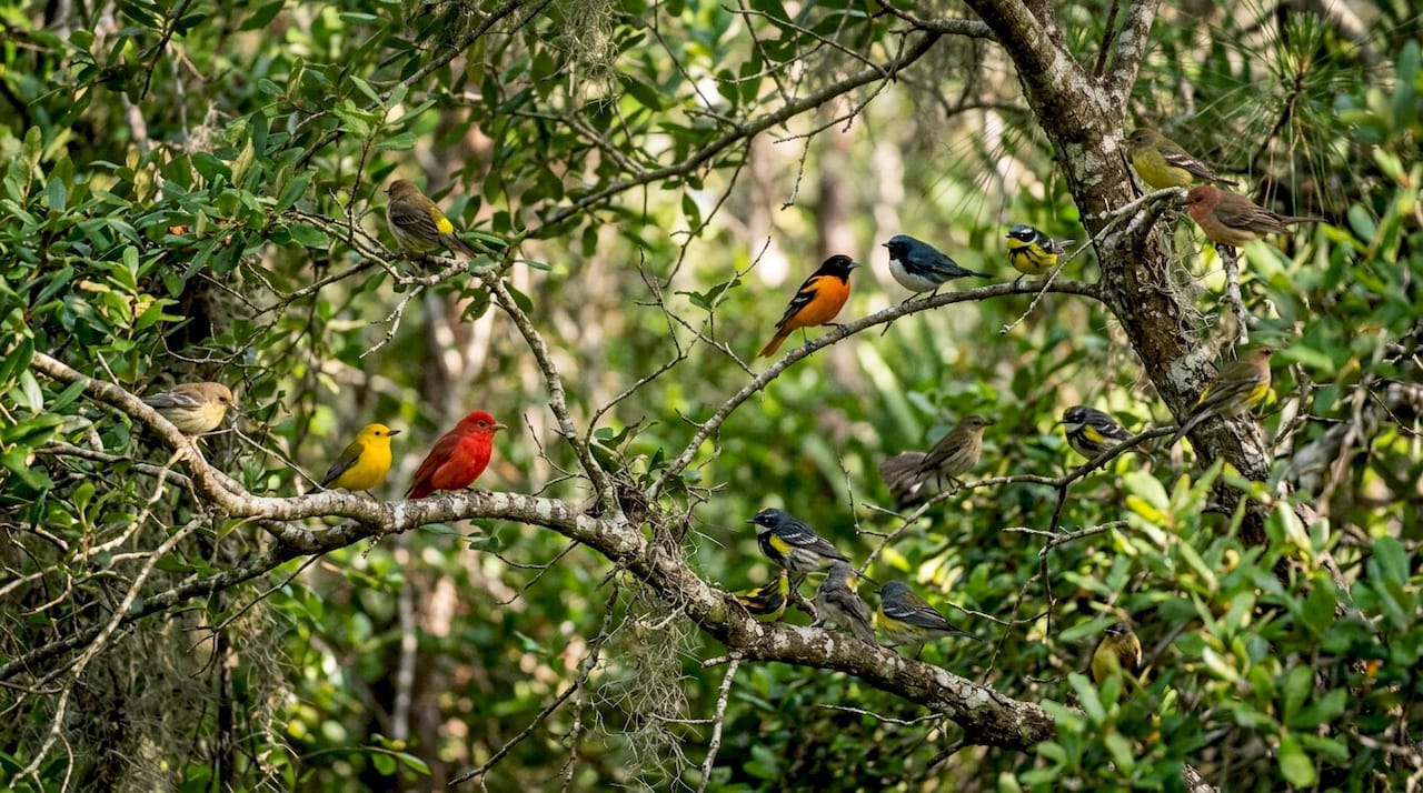 Migratory songbirds perched in Fort Morgan trees