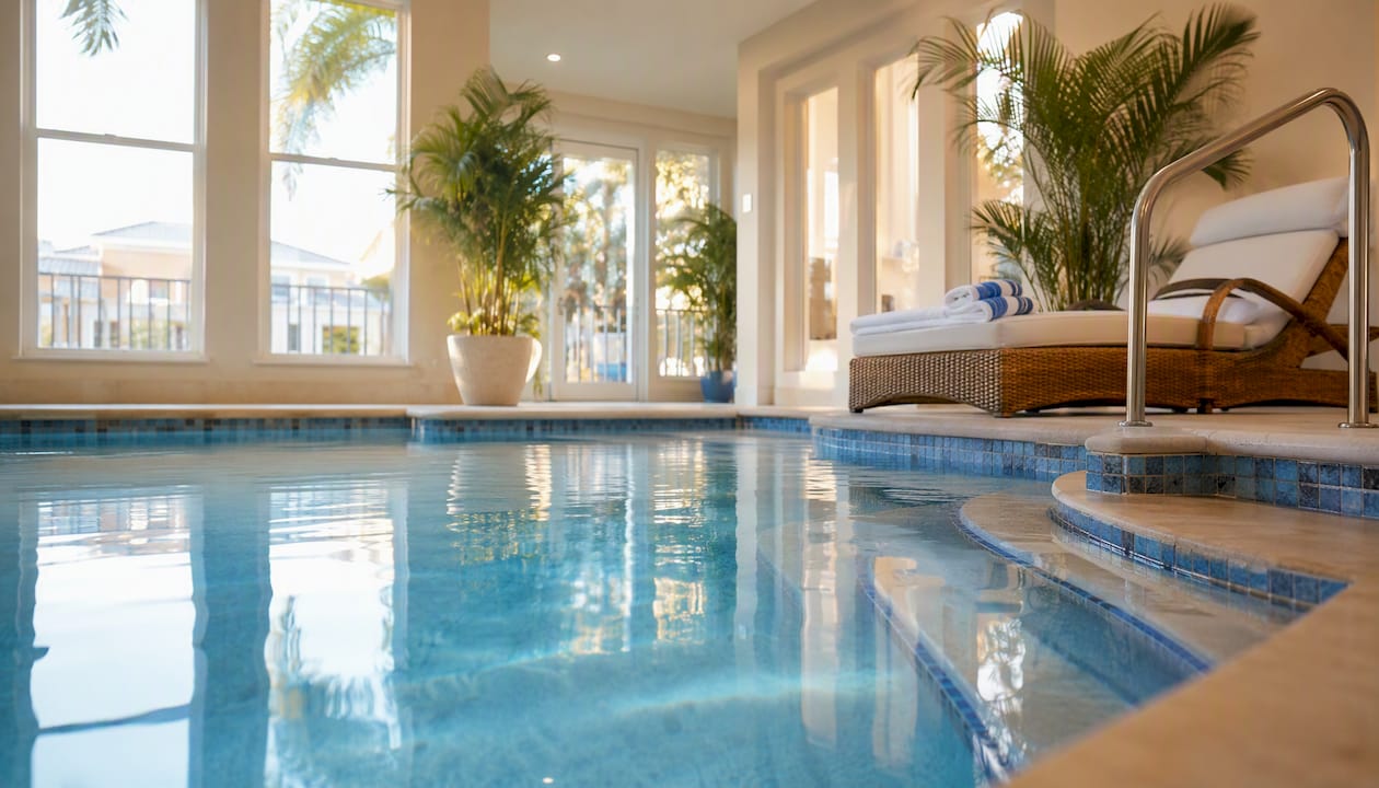 Heated indoor private pool with natural light and seating