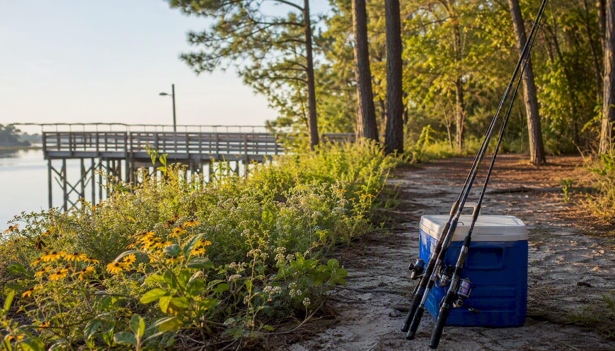 Fishing pier with family gear on beach at Gulf State Park