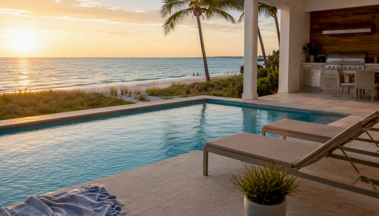 Private pool and Gulf-front view at Siesta Key home
