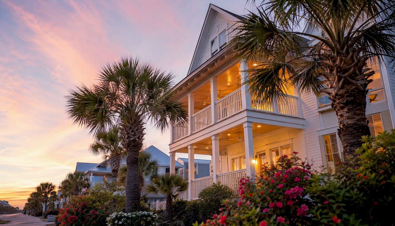 Gulf Shores beach house exterior at sunset
