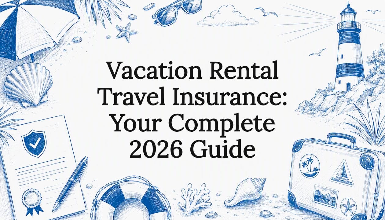 Decorative title card illustration for vacation rental travel insurance