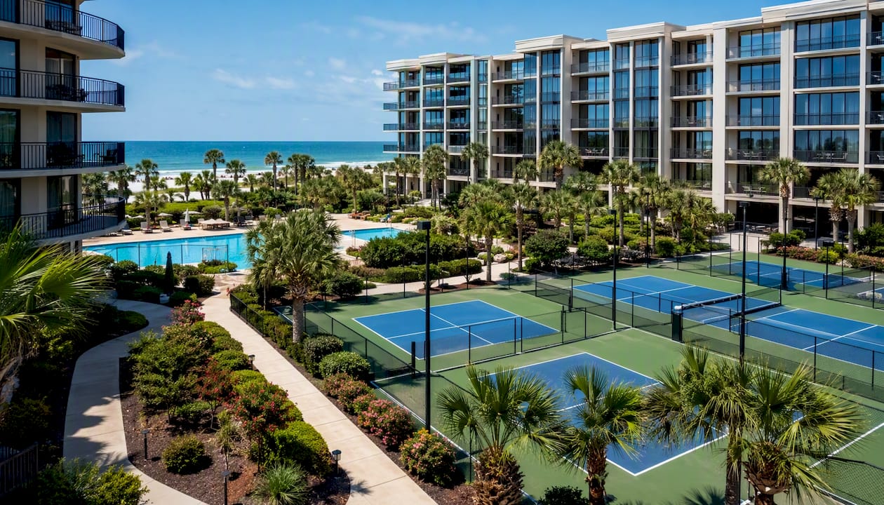 Beachfront condo with pool and pickleball courts