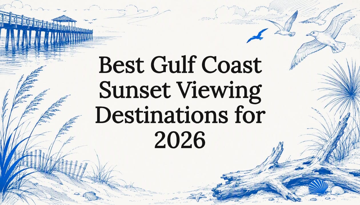 Decorative title card illustration with Gulf Coast sunset motifs
