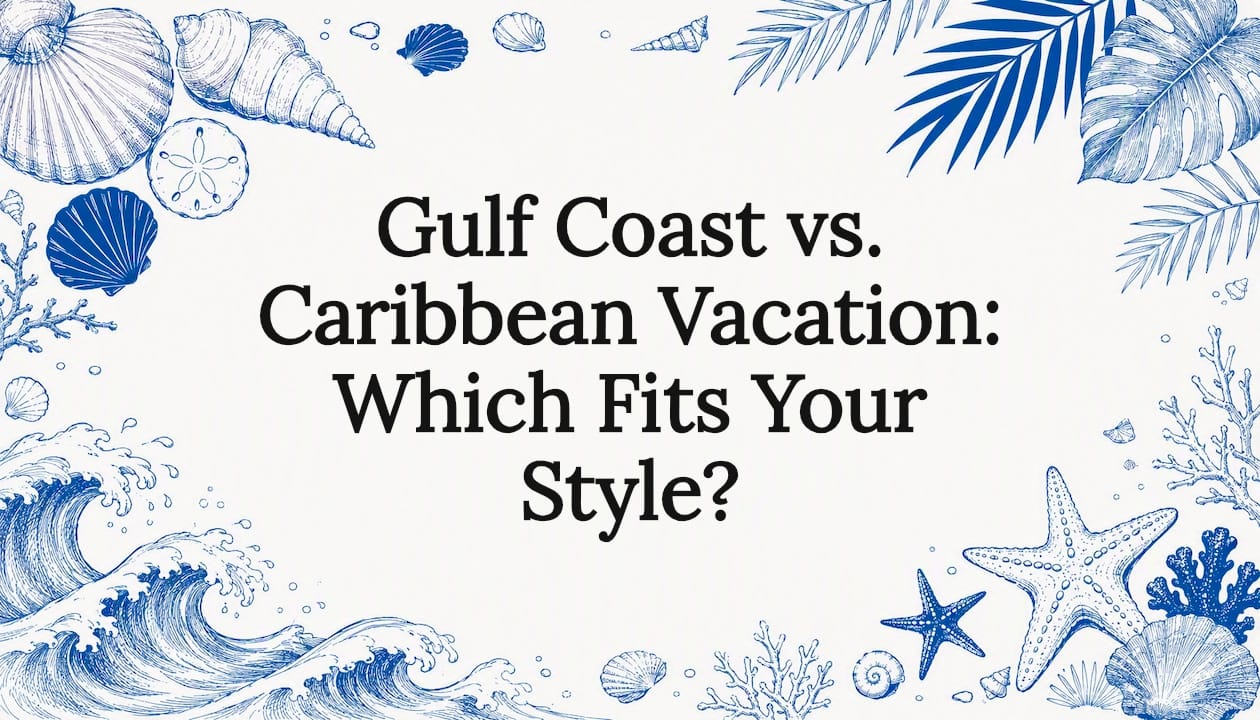 Decorative title card with coastal vacation sketches