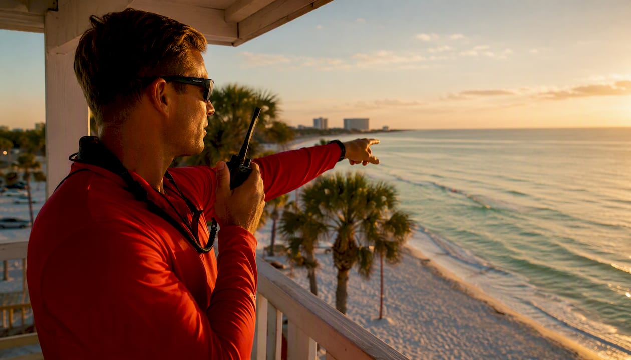 Lifeguard evaluating water conditions on tower