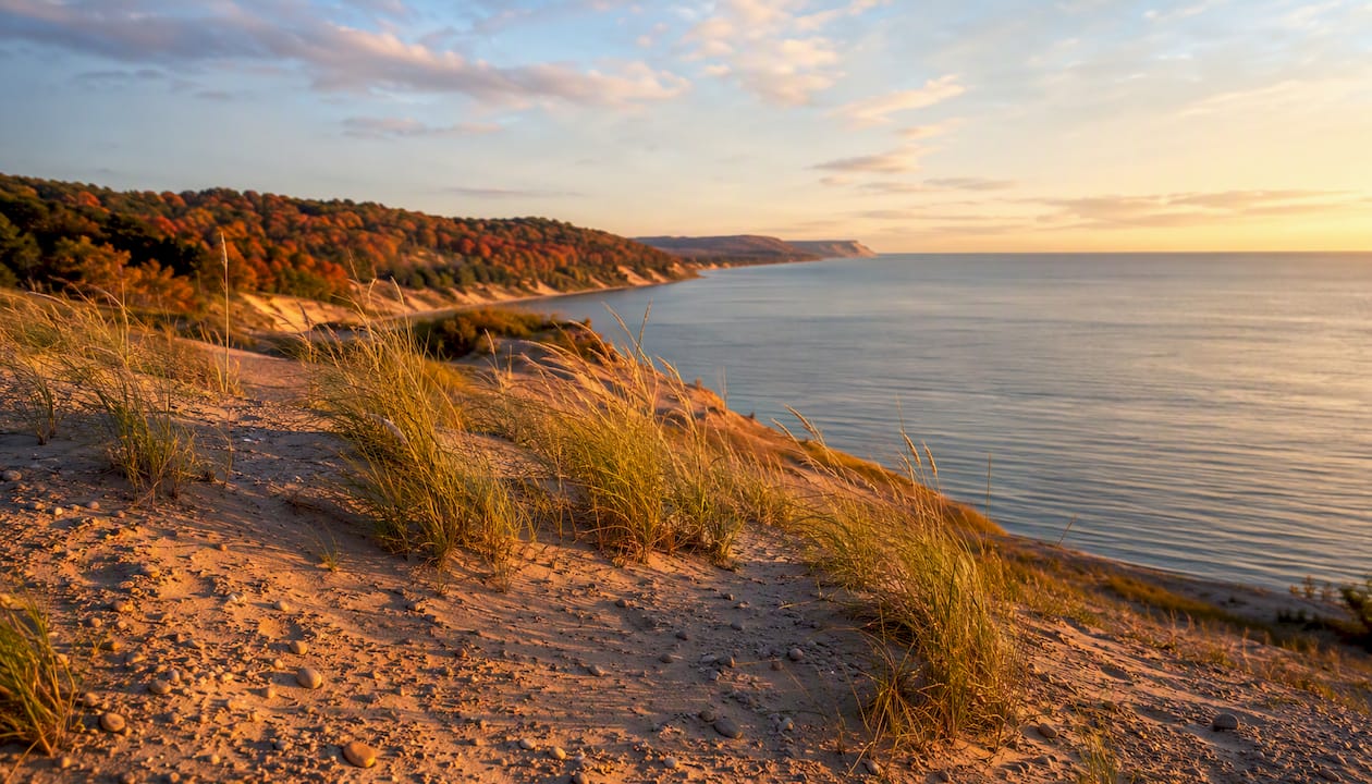 Sleeping Bear sand dunes above Lake Michigan water