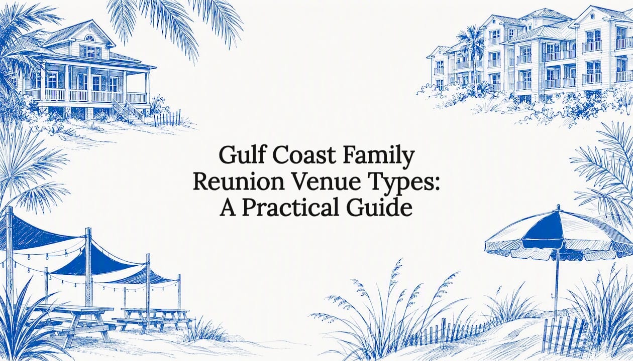 Decorative title card with Gulf Coast reunion venue sketches