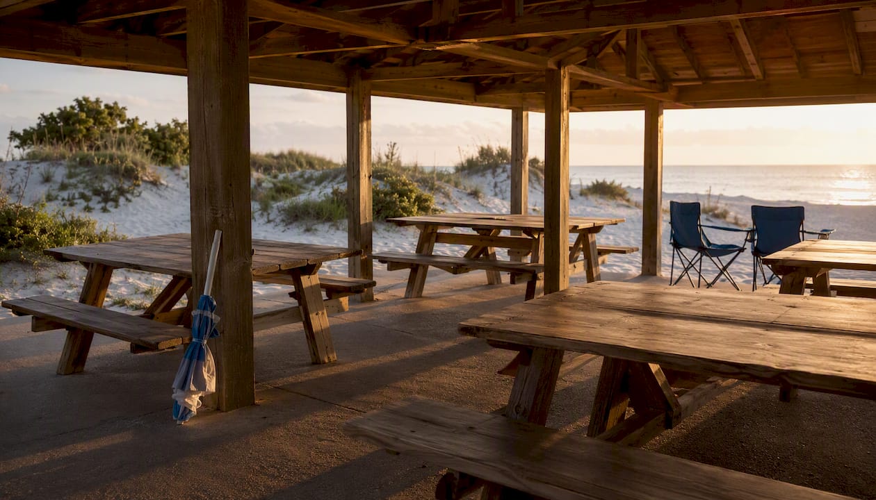 Wooden picnic pavilion at Gulf Coast state park