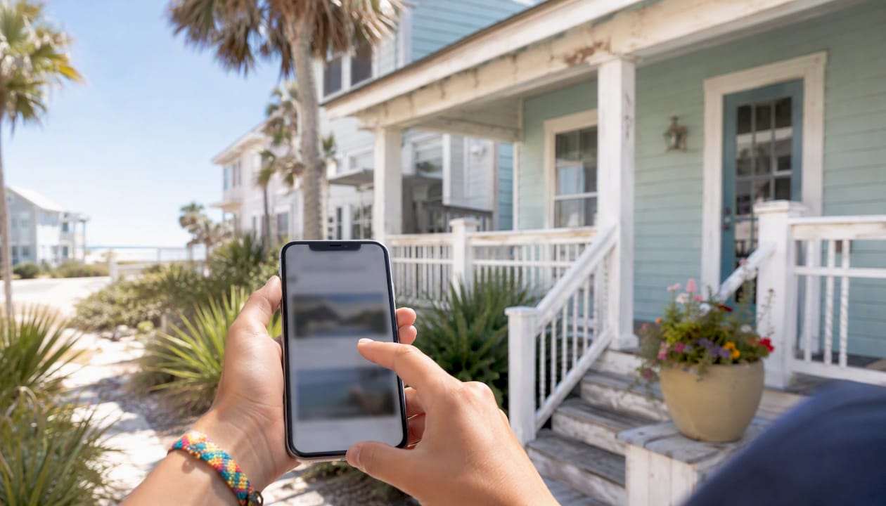 Gulf Coast cottage exterior with phone showing listings