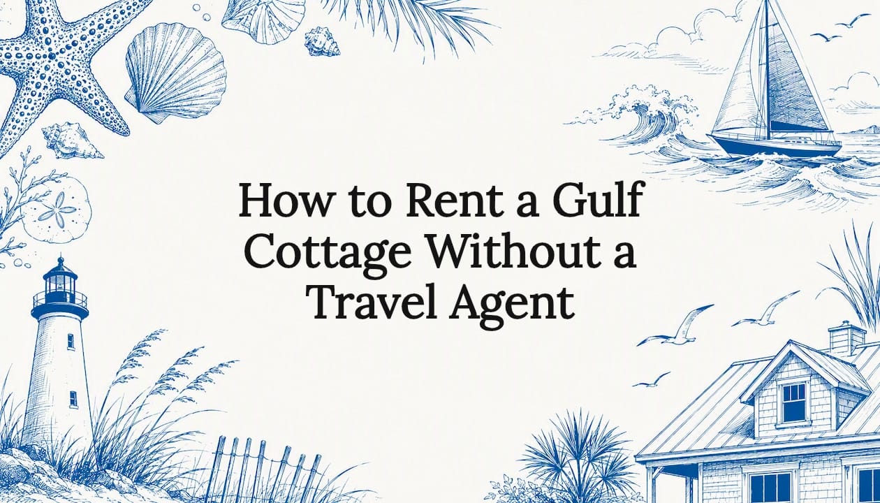 Decorative title card illustration with coastal vacation motifs