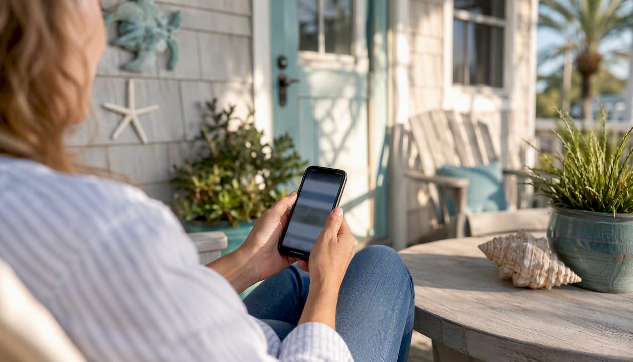 Hands checking Gulf rental permit on phone on cottage porch