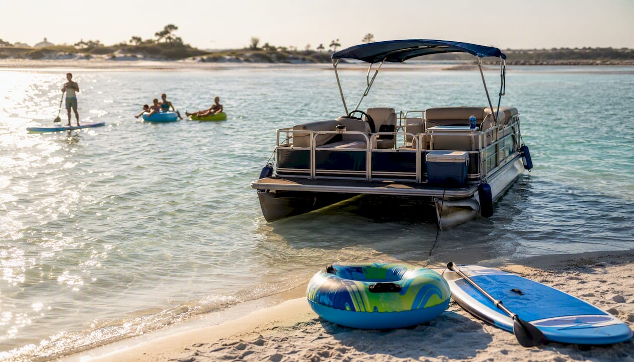 Pontoon boat at sandbar with floating tubes