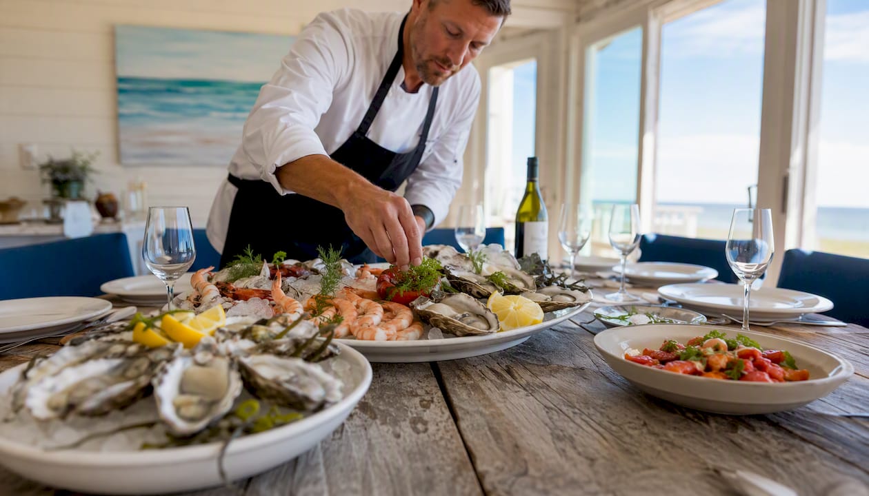 Chef preparing seafood dinner in vacation rental