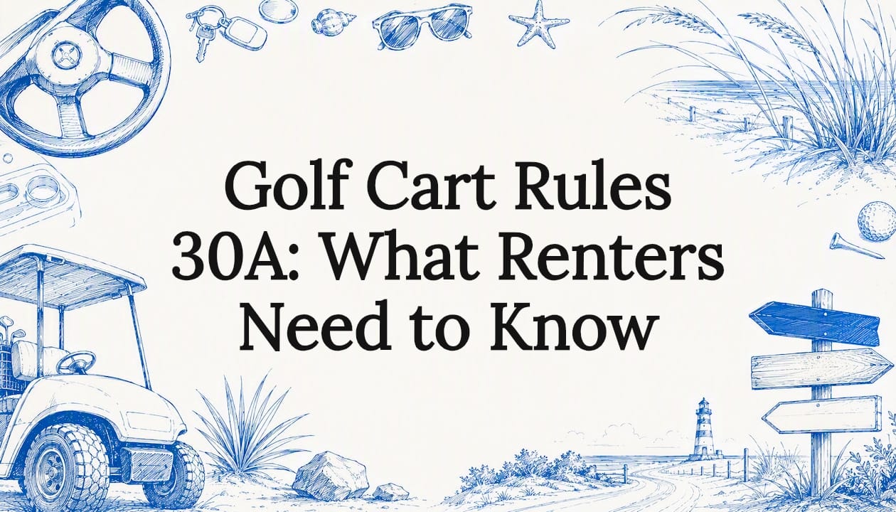 Decorative title card golf cart and coast illustration