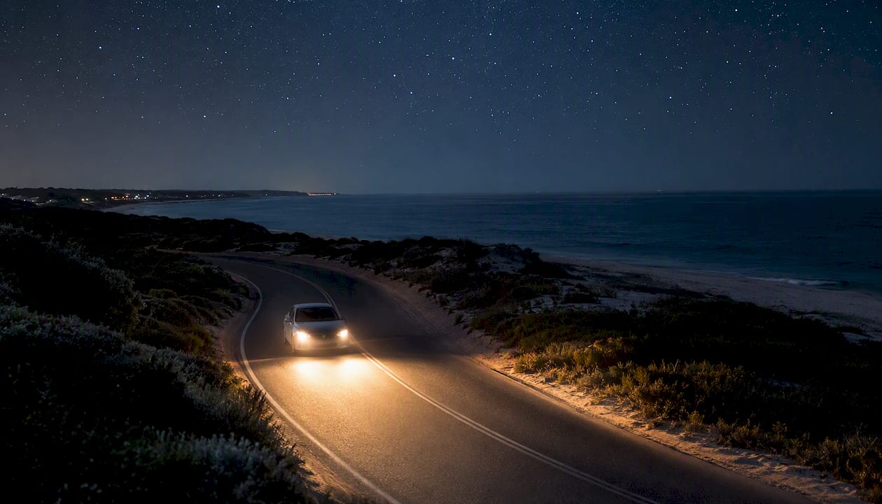 Golf cart headlights glowing at night on coastal road