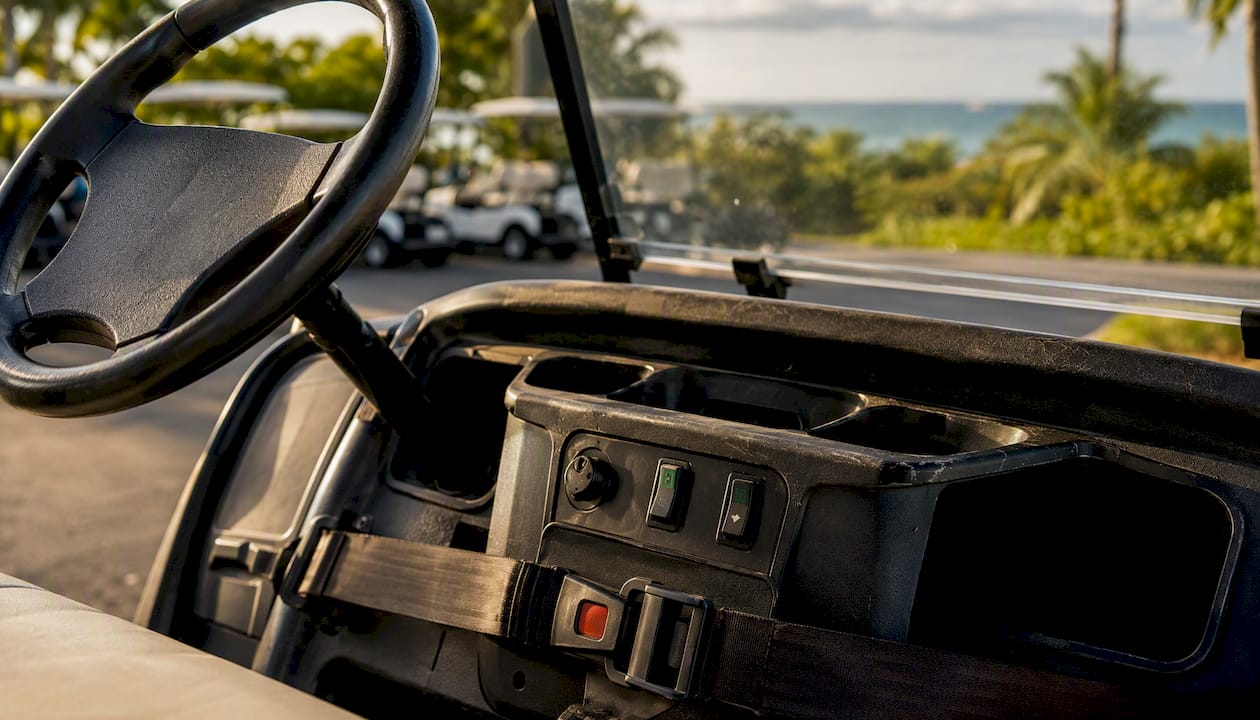 Close-up of golf cart controls and equipment