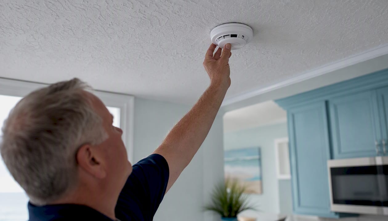 Inspector checking smoke detector in beach rental