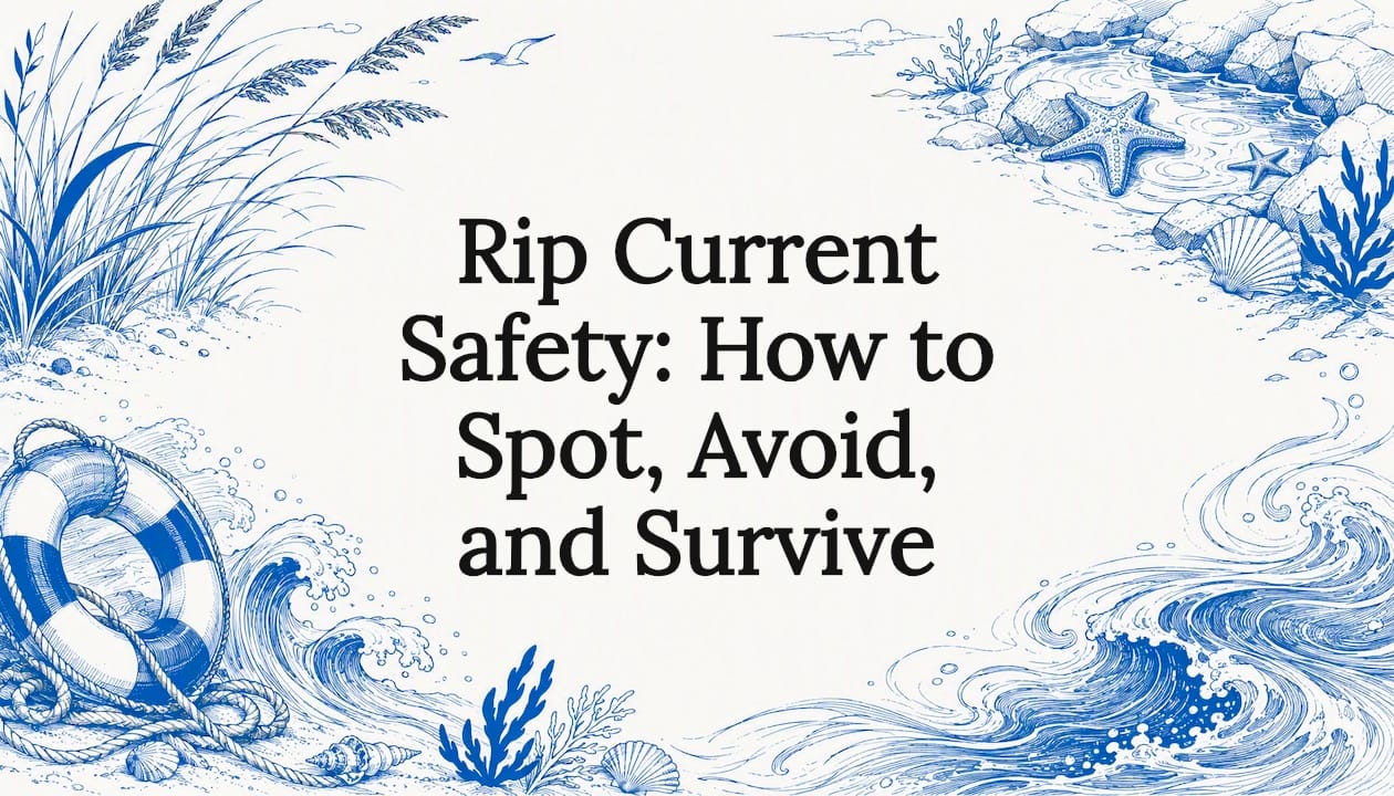 Decorative coastal safety title card illustration