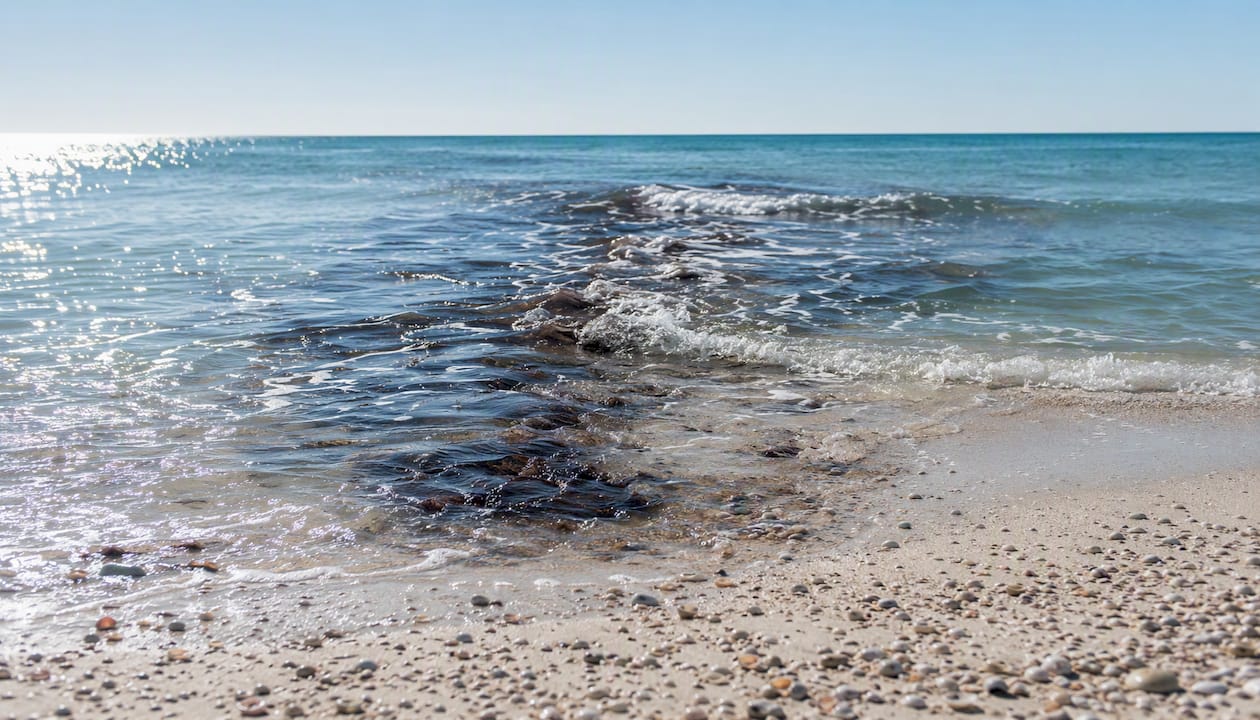 Rip current water channel with foam and seaweed