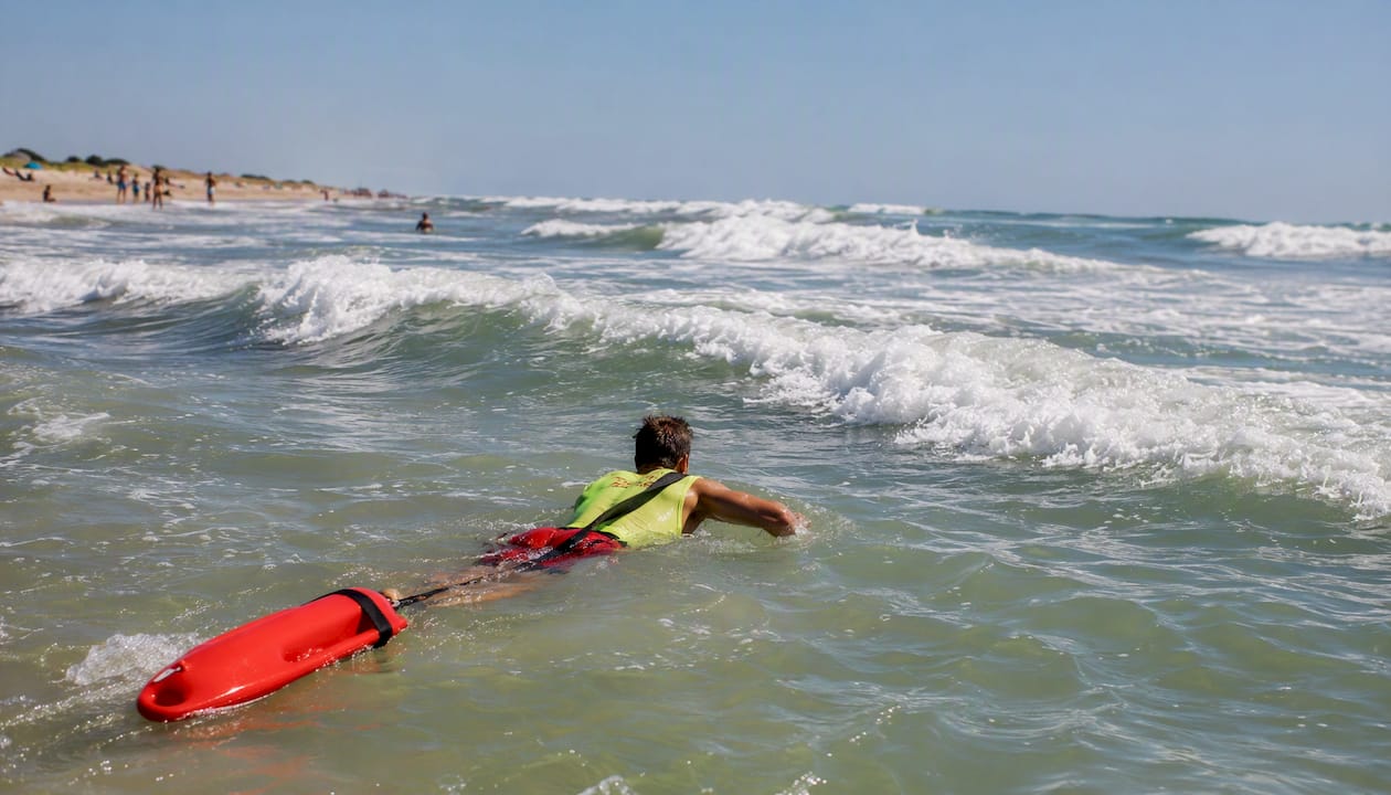 Lifeguard swimming angled approach in rip current
