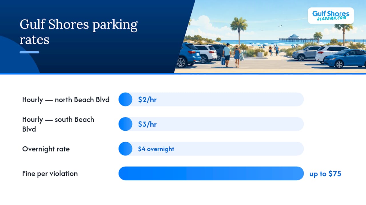 Diagram comparing Gulf Shores beach parking rates and fines