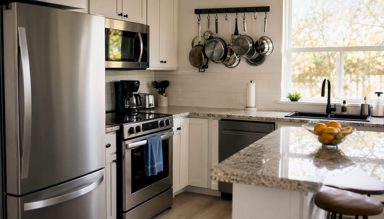 Modern kitchen interior with amenities in vacation rental