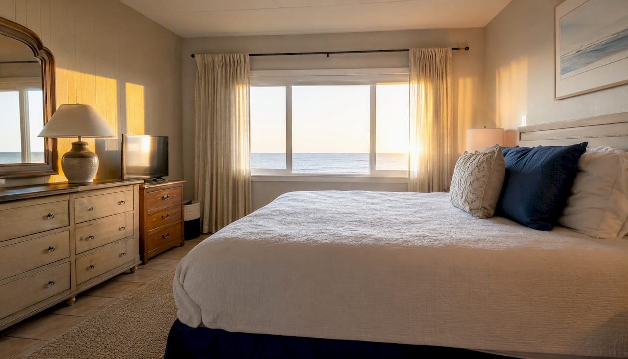 Vacation rental bedroom showing old and new furnishings