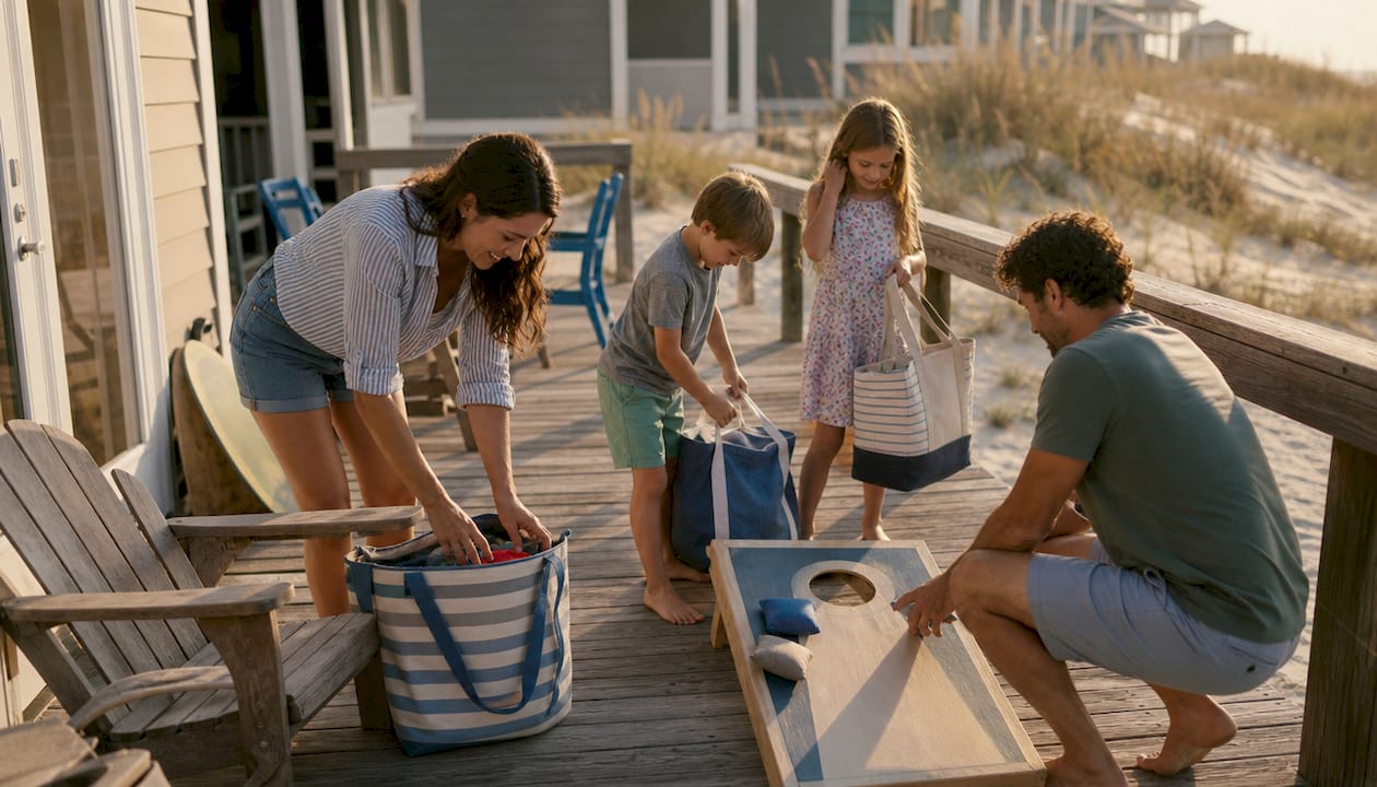 Family carrying beach gear at beachfront cottage