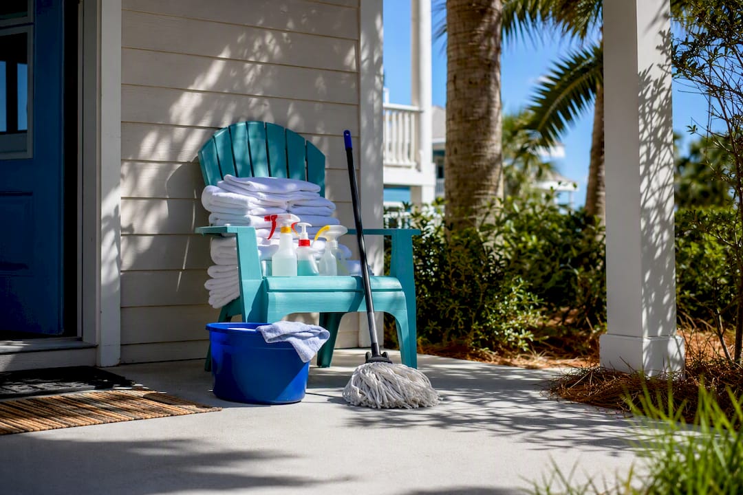 Cleaning supplies on vacation rental porch